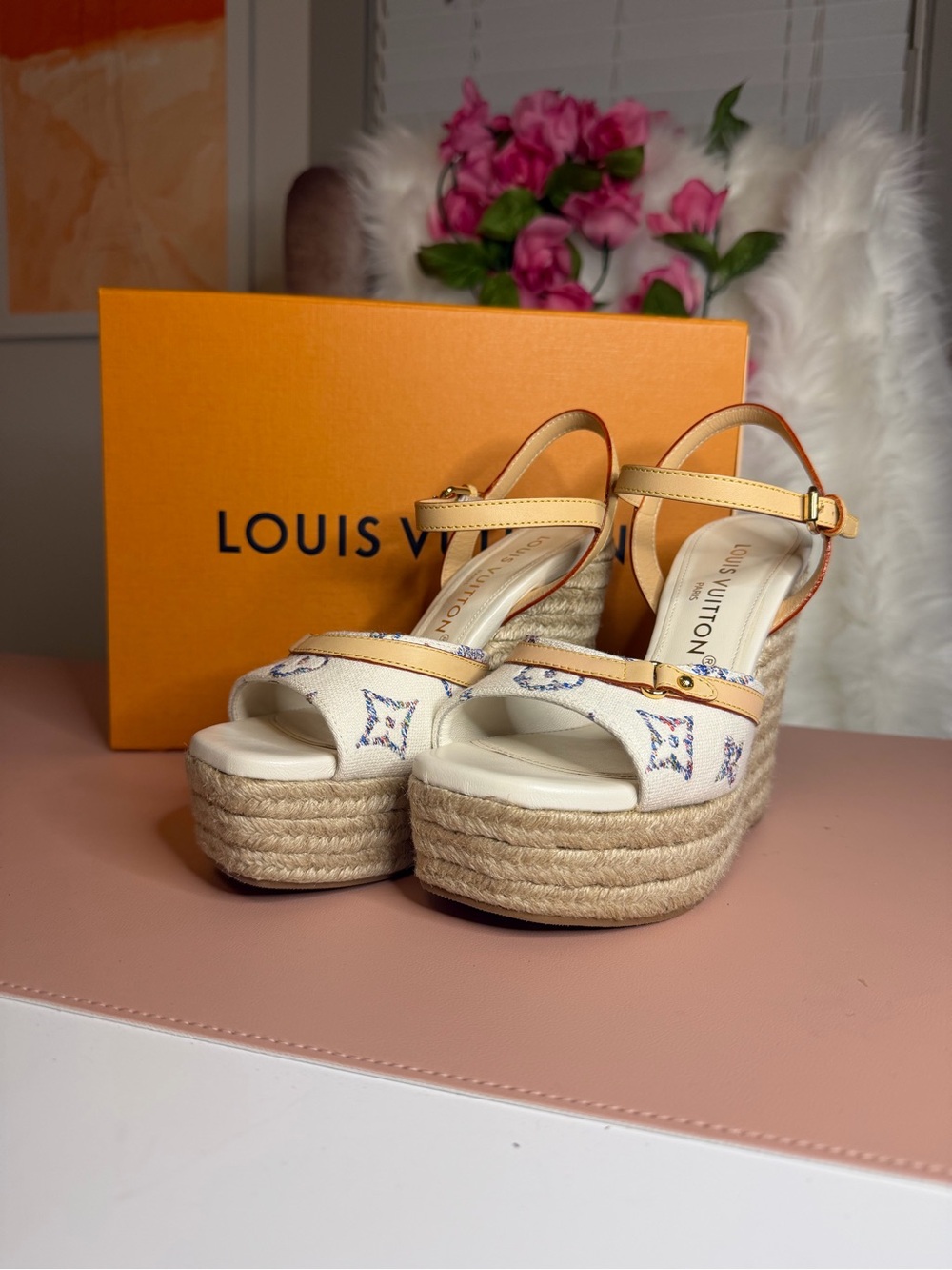 Louis Vuitton Starboard Wedge Sandal Cream Monogram Tweed Espadrille Platform 36